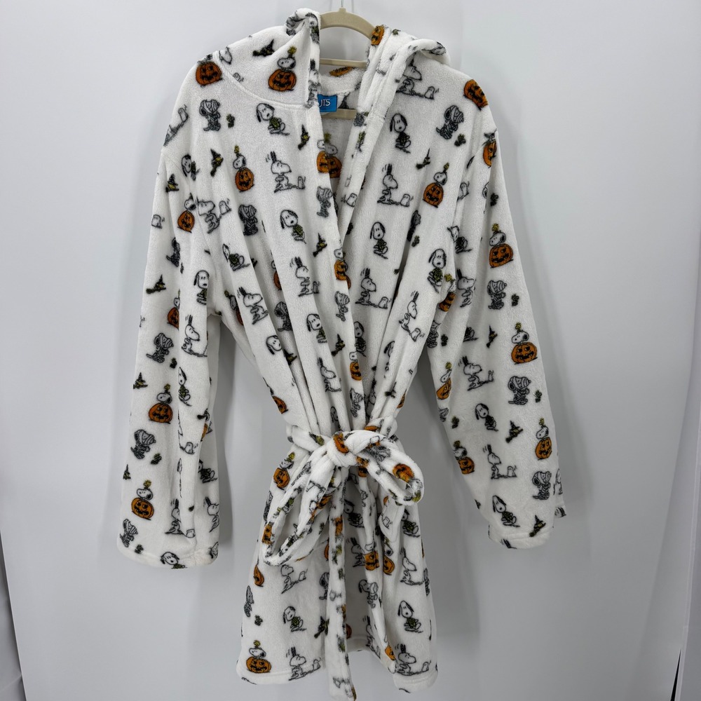 Peanuts Halloween Snoopy Woodstock Fleece Hooded Robe L/XL White Pumpkin Cozy